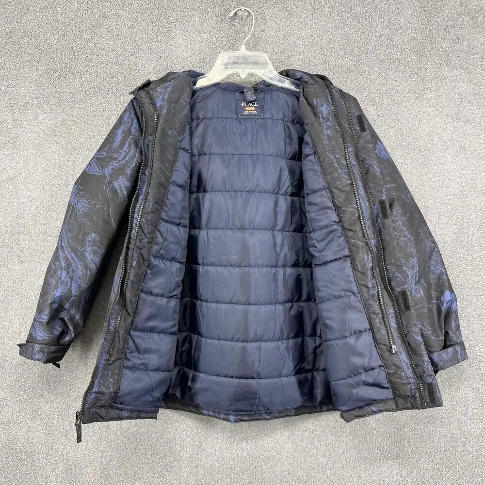 The Children's Place Jacket Boys XL 14 Blue Black Hooded Insulated Puffer Winter